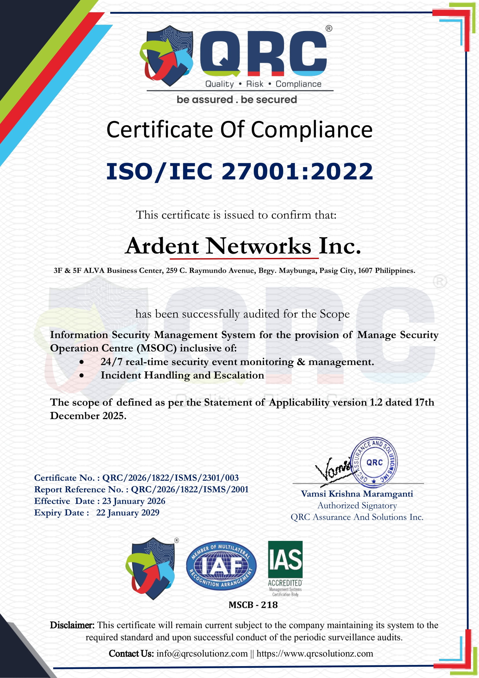 Ardent Networks is ISO/IEC 27001:2022 Certified