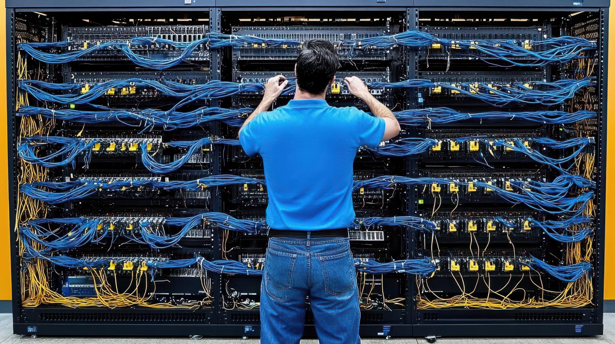A technician manages network equipment with organized cables in a server room.